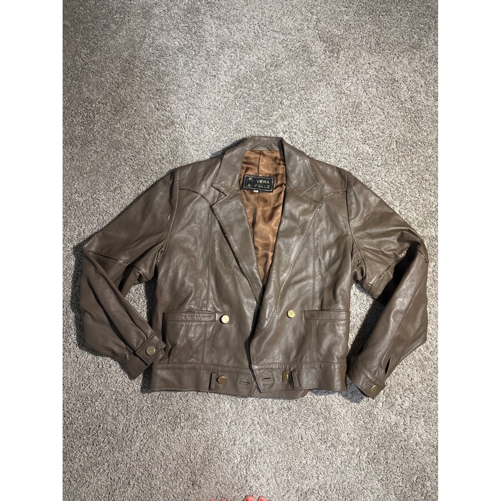 Vera Pelle Brown Leather Jacket Double Breasted Italian Vintage Cropped Size 44